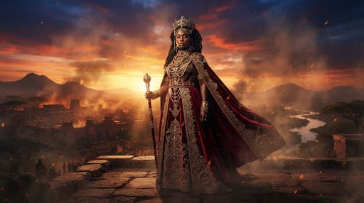 A woman in crimson and gold regalia against a burning dusk sky.